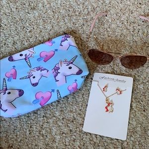 Unicorn necklace,earrings, makeup-bag/sunglasses